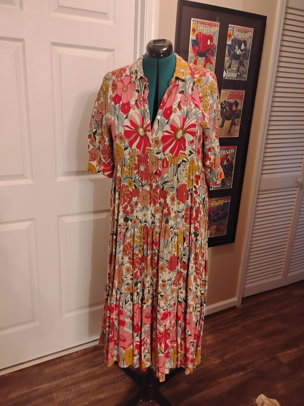 NATURAL LIFE Floral Tiered Midi Dress in Pink, Yellow & Cream